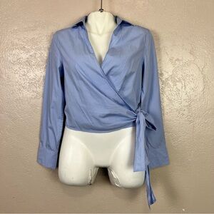 Gap‎ Woman Small Blue WRAP Crop BLOUSE V- Neck long sleeve
